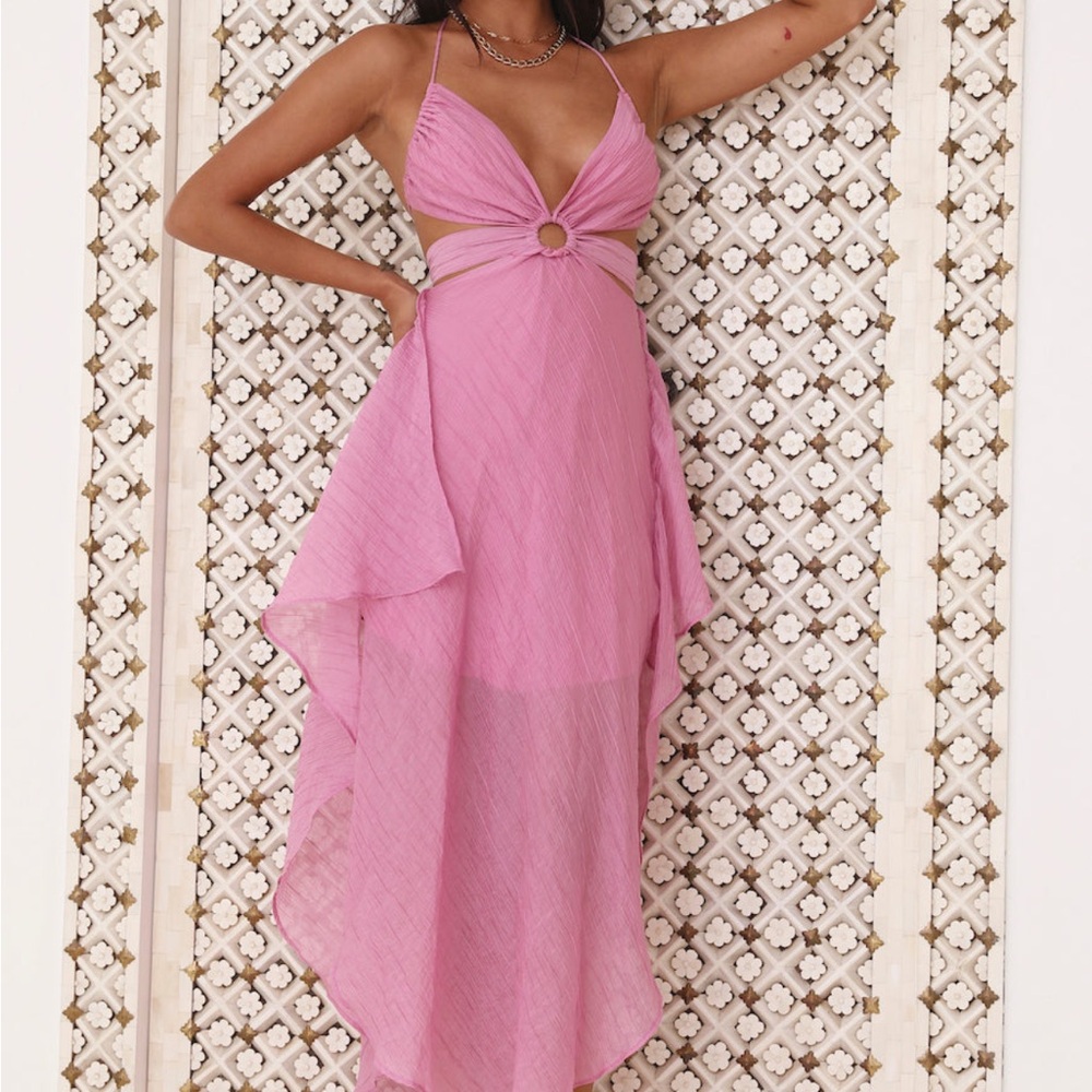 Hello Molly Pink High-Low Ring-Front Spaghetti Strap Maxi Dress